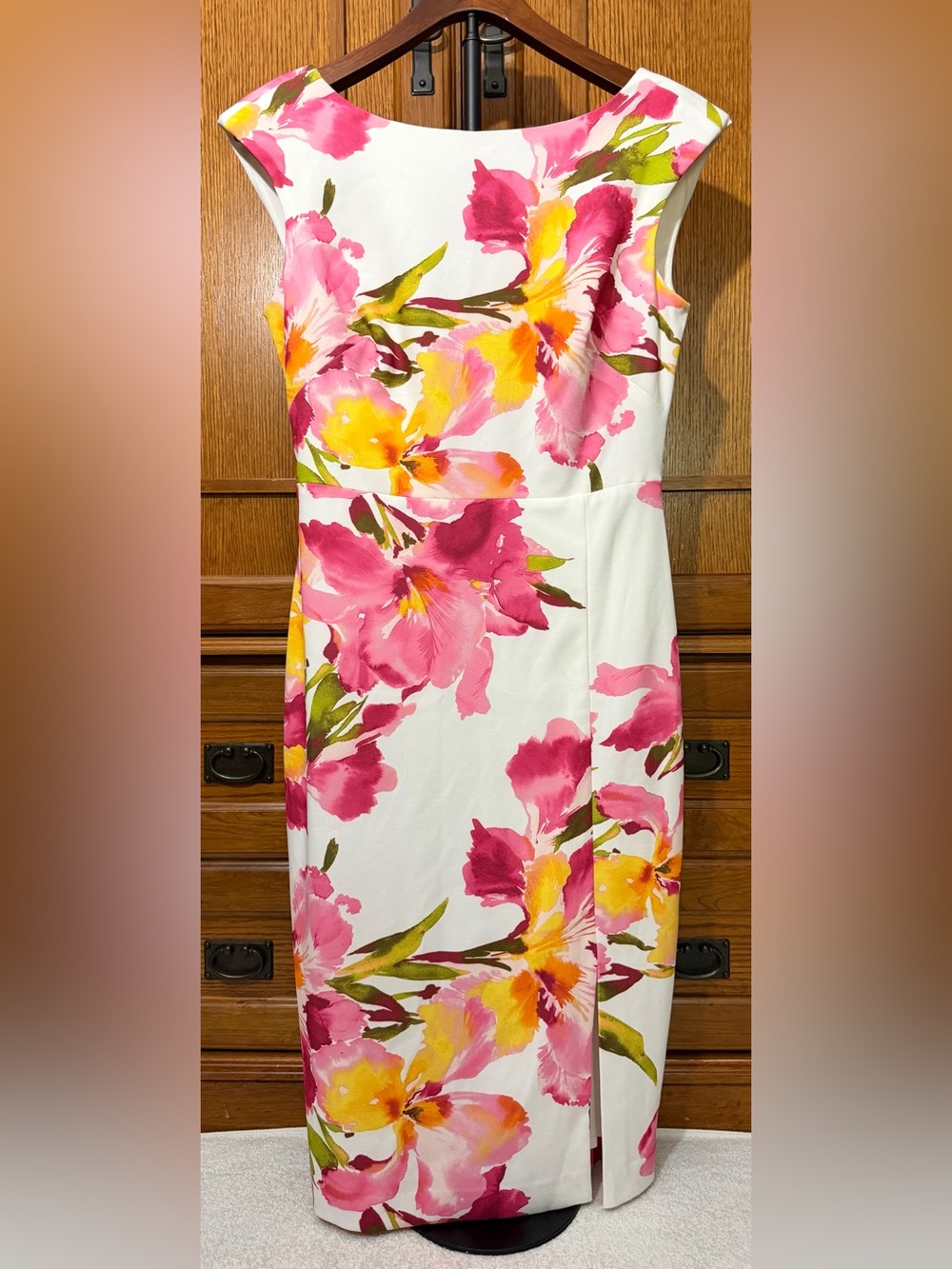 Eliza J Floral Midi Sheath Dress Boatneck Sleeveless Side Slit Brunch Cocktail